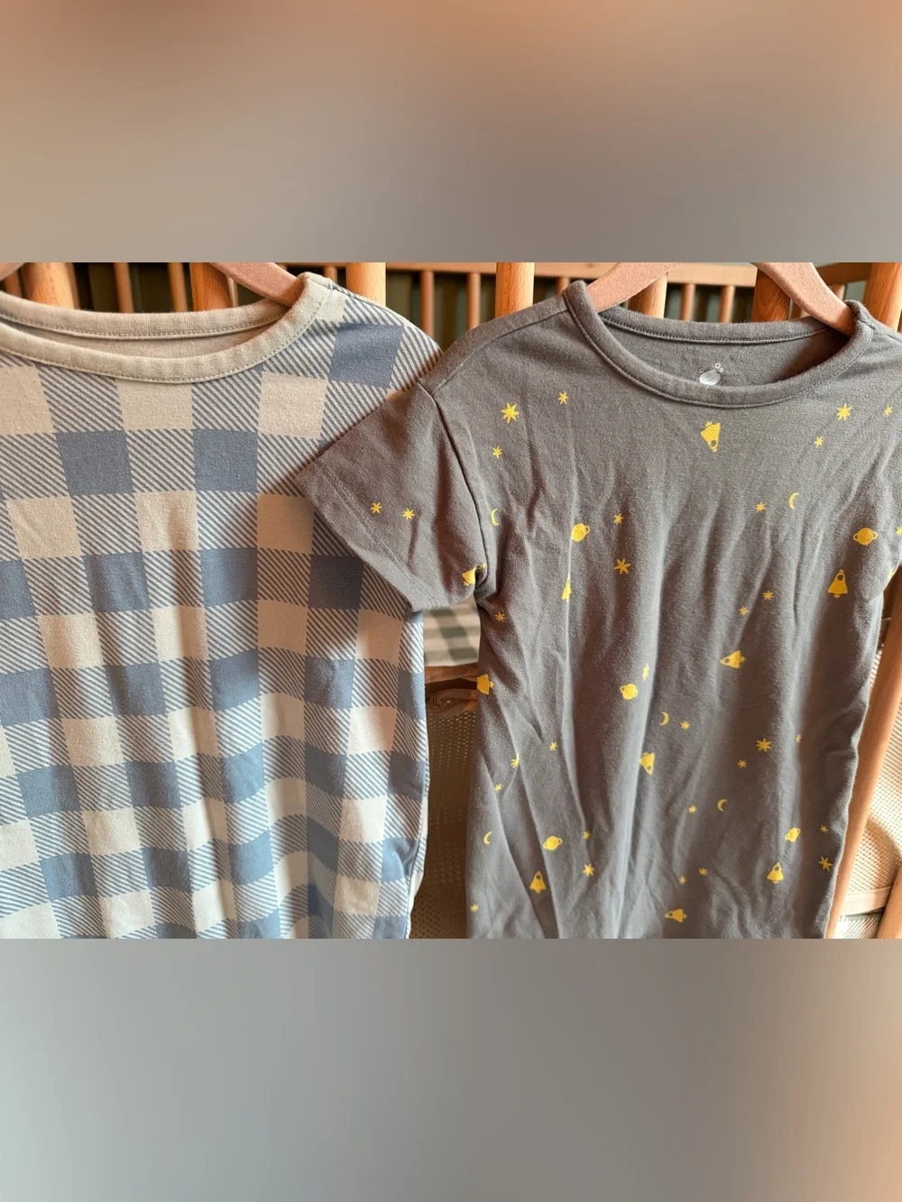 Baby Short-Sleeve Pajama Rompers in Slate Gray and Blue Check